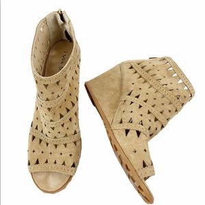Via Spiga Laser Cut Wedge Tan Suede Booties 9.5